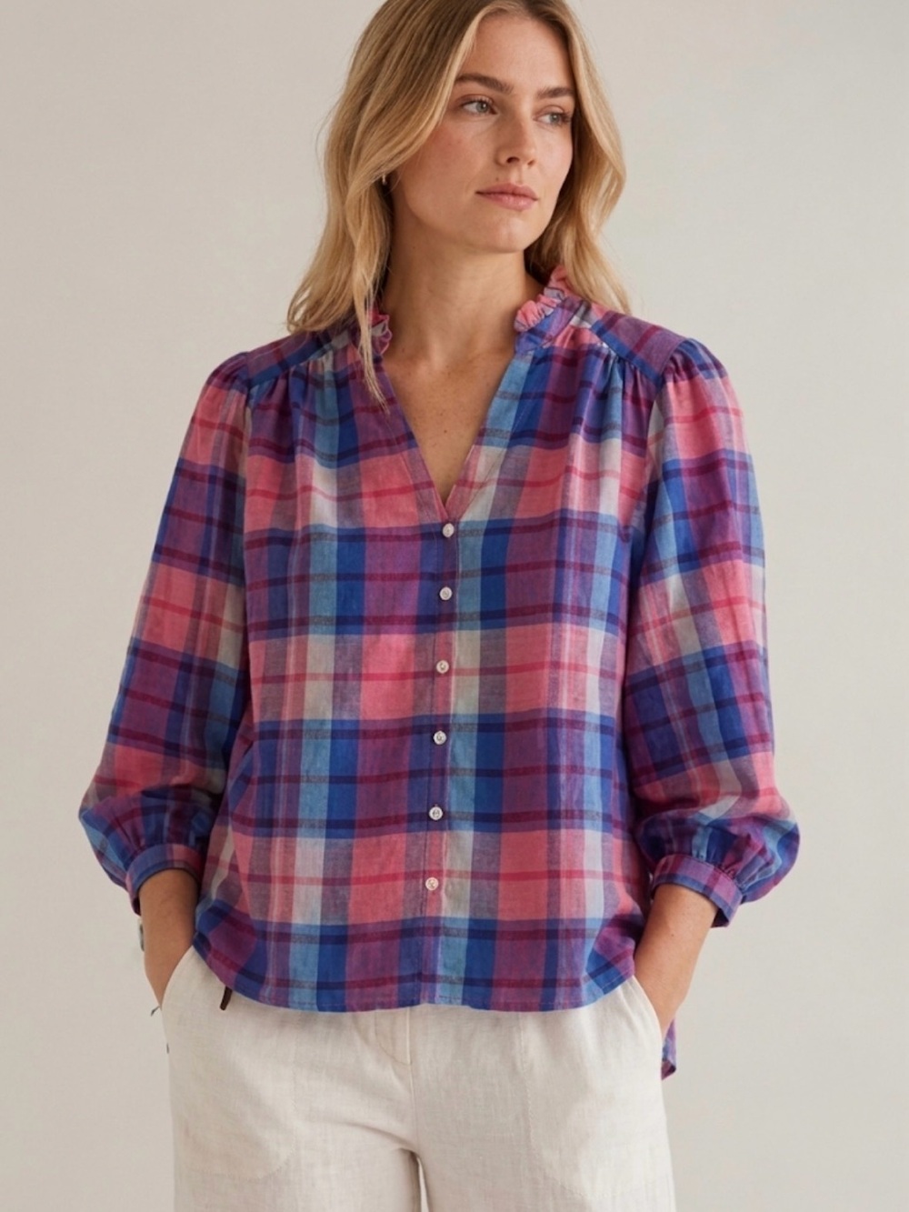 NWT Trovata Quincy Blouse Pink and Blue Plaid Size Medium